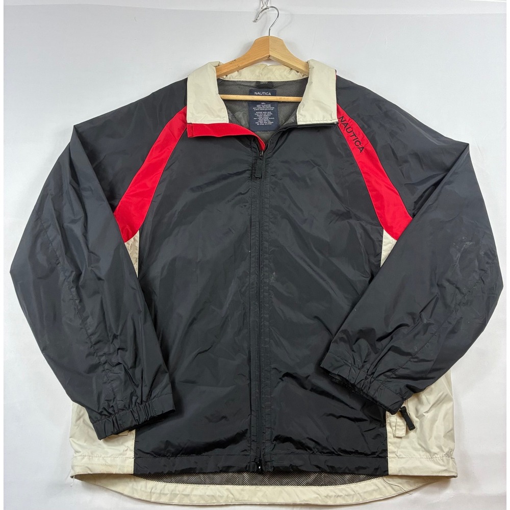 Nautica Windbreaker Jacket Mens XL Black Red Cream Good Condition Mesh Lined Zip